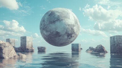 Poster - A minimalist floating sphere with sharp-edged cubes orbiting around