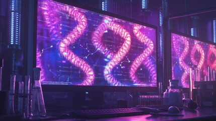 Fototapete - In a high-tech laboratory, multiple screens display vibrant AI-generated simulations of complex biological structures.