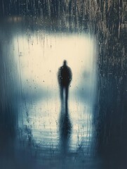 Aufkleber - Melancholic reflections of a lonely figure behind a rain-soaked window at twilight