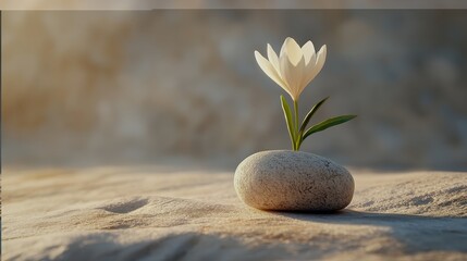 Aufkleber - Delicate white flower on smooth stone surrounded by pebbles in a tranquil setting