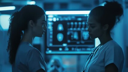 Poster - two female doctors are discussing a patient's diagnosis in a dark hospital room, illuminated by the 