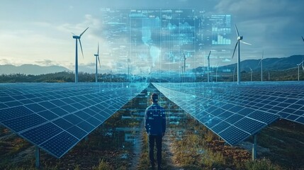 Aufkleber - A person stands amidst vast solar panels while wind turbines spin in the background, symbolizing the future of renewable energy technologies in a mountainous region.