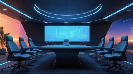 Poster - Sleek conference room transforming during sunset, displaying data on large screen, illuminated by neon lights and overlooking urban cityscape with modern technological aesthetic