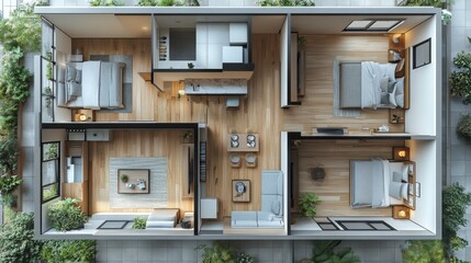 Aufkleber - A contemporary house layout featuring an open concept kitchen and living area, two cozy bedrooms, and green outdoor spaces, emphasizing a connection with nature and light.