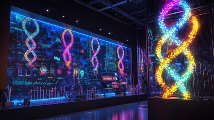 Fototapete - A vibrant lab showcases advanced technology where artificial intelligence interplays with biological concepts.