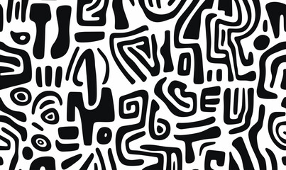 Poster - Seamless Abstract African Tribal Texture, Black and White Minimalist Vector Pattern
