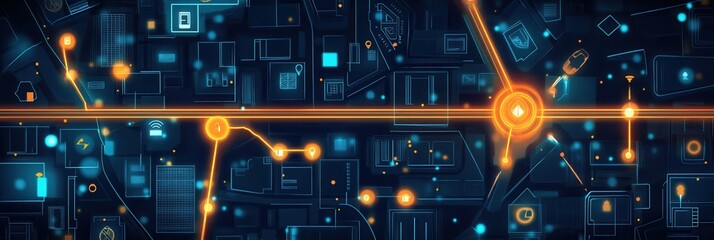 Poster - Digital city map showcasing delivery icons and tracking routes with a glowing path to a home in a futuristic interface design