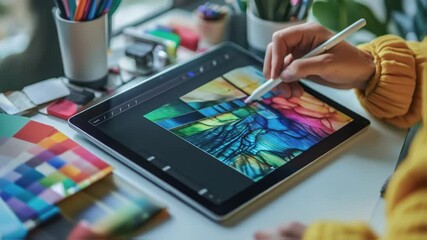 Poster - Professional artist wearing yellow sweater drawing an abstract and colorful painting using a tablet and stylus pen with color charts on a white table