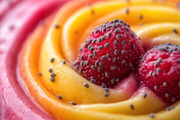 Fototapete - Swirling rose petals in vibrant hues of pink and yellow with bubbles accentuating their delicate form