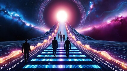 Groups of silhouetted figures walk along a shimmering path of binary code under a vast cosmic sky The horizon glows with bright colors suggesting a transformation into the digital realm