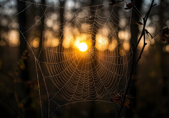 Spider web glistening with morning dew during sunrise in autumn. Generated with AI