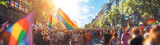 A gay pride festival in a city square with a rainbow flag and people. An outdoor party of the lgbtq community, with a wide angle view of people holding colorful flags on a blurred background on a sunn