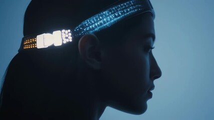 Poster - futuristic neural monitoring headset scanning brain signals of woman, displaying changing color patt