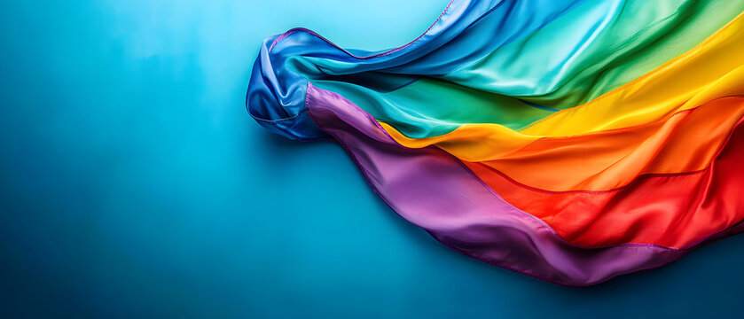 LGBT Pride rainbow flag over blue background with empty space for text. Diversity, love, freedom and LGBT concept.
