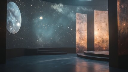 Wall Mural - a dark room with a large screen showing a starry sky. the room is empty and the only people visible 