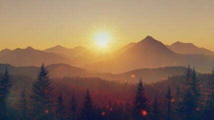 Wall Mural - golden sunlight bathes majestic mountain peaks and a tranquil pine forest, creating a breathtaking s