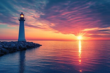Poster - Vibrant sunset illuminating a coastal lighthouse under a colorful sky
