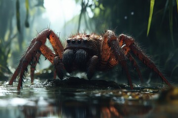 Poster - Close-up view of a large spider crawling over a rocky surface in a natural habitat during daylight hours