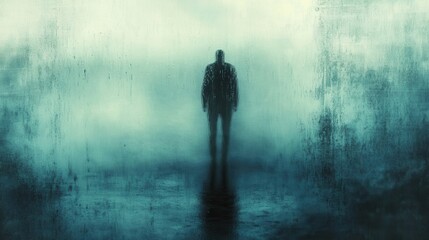 Poster - Melancholic atmosphere with raindrops on a window and a lonely figure in soft blue and gray hues at dusk