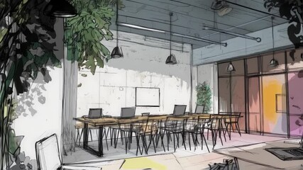 Poster - Architectural visualization revealing modern coworking space progression, transforming from initial sketches to detailed design with contemporary furniture and biophilic elements
