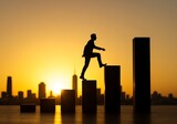 Man Climbing Graphic Bar Steps Towards a City Skyline at Sunset