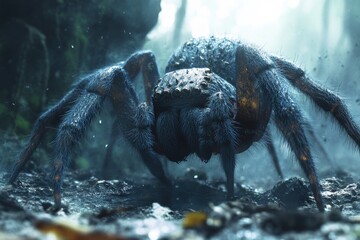Poster - Close-up view of a large spider crawling over a rocky surface in a natural habitat during daylight hours