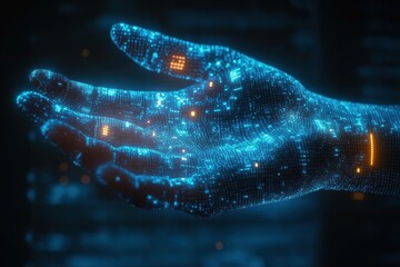 Poster - Silhouette of a hand featuring biometric scanners in a digital setting