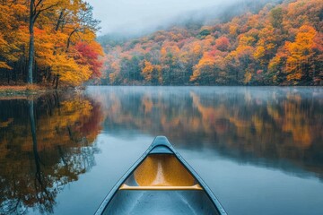 Aufkleber - Canoe floating on calm lake surrounded by vibrant autumn foliage in a tranquil setting at sunset