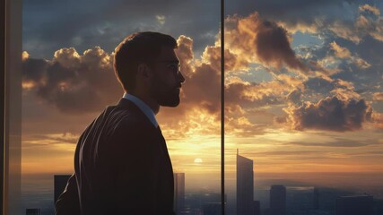 Poster - Multiple views of a pensive businessman in suit looking out a large window at sunrise over the city, expressing stress, relief, and hope for the future