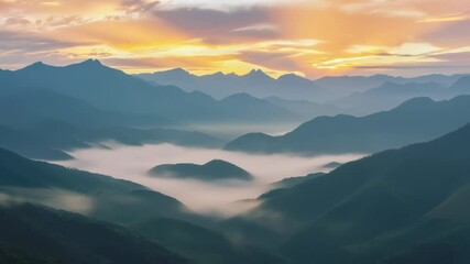 Wall Mural - golden sunlight bathes a vast mountain valley, its peaks and slopes shrouded in a thick blanket of f