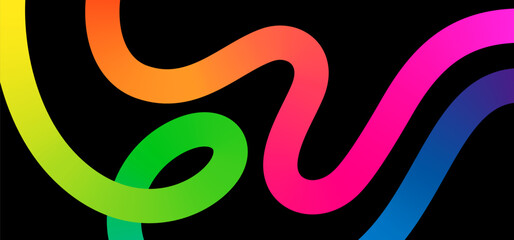 Fototapete - Abstract Lines with Color Gradient. Vector Squiggles Wave Shapes on a Black Background. Geometric Rainbow Ribbon. Dynamic Graphic Design Elements