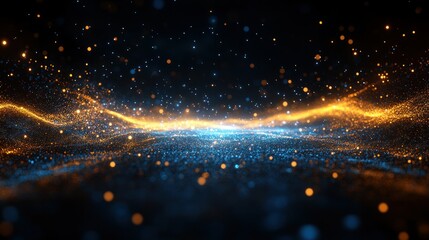 Wall Mural - abstract blue and gold particles flowing over black background with bokeh effect