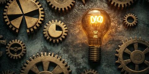 Poster - Creative blend of gears and glowing light bulb symbolizing innovation in technology and engineering at a workshop setting
