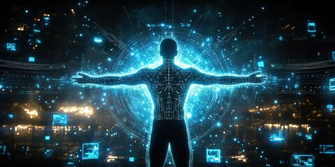 Poster - Digital human figure surrounded by glowing data streams in a futuristic cityscape at night