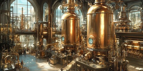 Poster - Steampunk factory with golden machinery showcasing intricate design and impressive architecture in a vibrant atmosphere