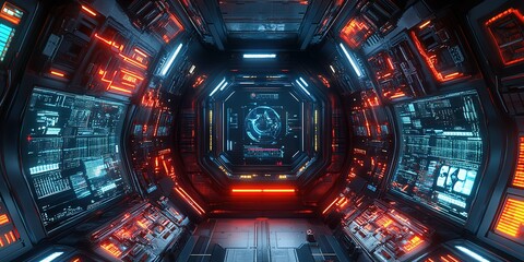 Poster - High-tech futuristic control room with glowing interfaces and digital displays illuminated in vibrant colors
