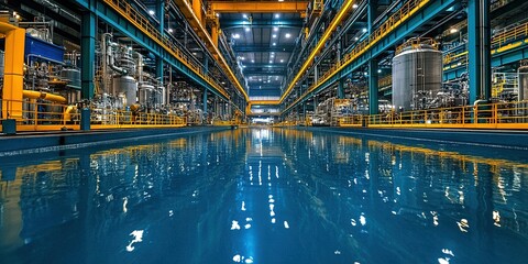 Poster - Large industrial facility with clear waterway and complex machinery for manufacturing operations