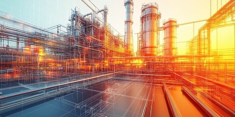 Poster - Industrial plant rendering showcases complex piping and structure during sunset with vibrant orange hues