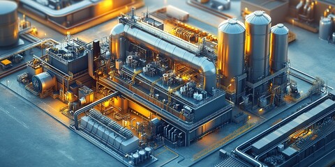 Poster - Industrial facility with large silos and processing units operates at dawn