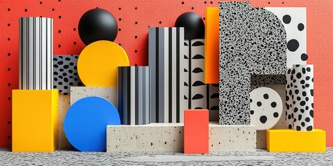 Poster - Colorful geometric sculpture display created with various shapes and textures on a vibrant background