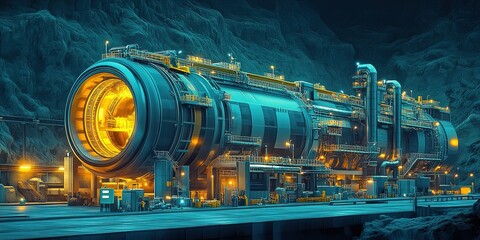 Poster - Industrial facility illuminated by artificial lights in a futuristic underground setting