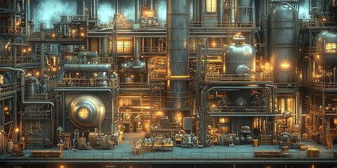 Poster - Complex industrial plant featuring intricate machinery and bright lighting during evening shift operations