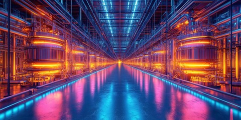 Poster - Futuristic industrial interior featuring vibrant neon lights and advanced machinery in a high-tech facility