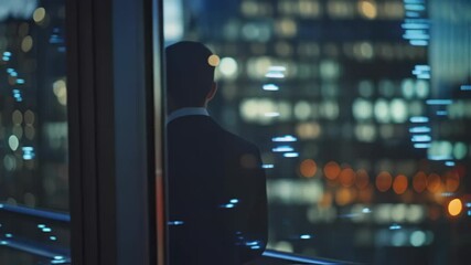 Poster - Pensive businessman in elegant suit stands at panoramic window, contemplating illuminated cityscape at dusk, reflecting on success and future opportunities