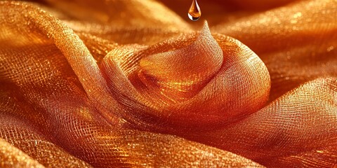 Poster - Glistening drop of water falls on shimmering orange fabric under soft light