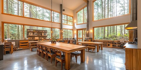 Poster - Cozy dining area with large windows overlooking a lush forest in a modern cabin setting
