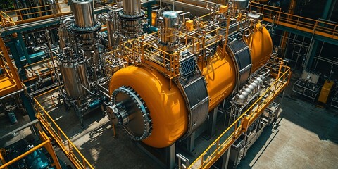 Poster - Industrial equipment in a processing plant showcasing intricate piping and vibrant yellow tanks during the day