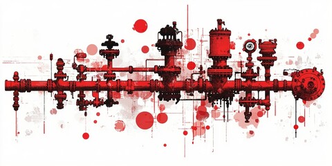 Poster - Industrial red pipeline artwork illustrating complex engineering design with vibrant splashes of color
