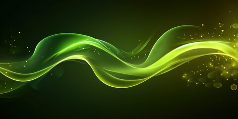 Fototapete - Dynamic green wave design with glowing particles on a dark background