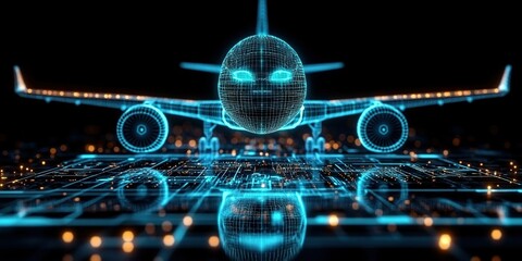 Poster - Digital representations of a futuristic airplane illuminated with blue lights over a circuit board design at night